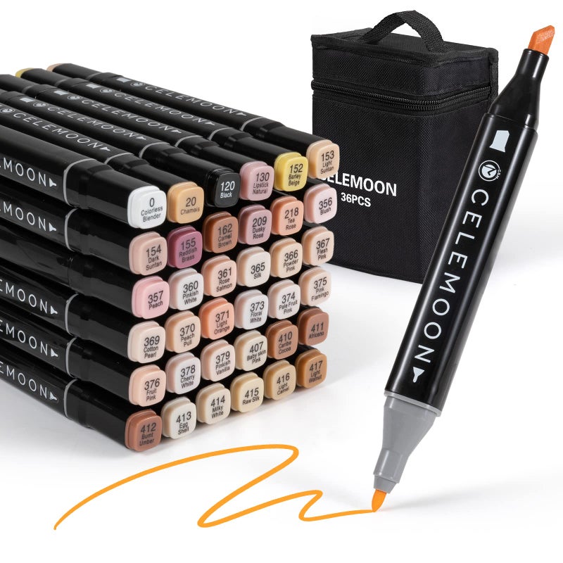 CeleMoon 36 Skin Tone Colors Dual Tip Alcohol Markers Pens, Fine and Broad Chisel, Sketch Art Marker, Permanent for Coloring, Drawing, Portrait Illustration, Mid-tone Skin Tone and Hair Shades - Image 1
